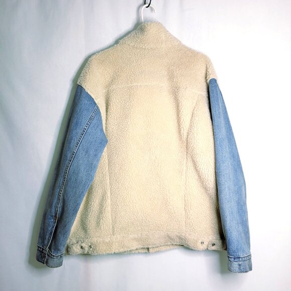 Levi's Relaxed Jacket Mens Adult XL Cream Sherpa Fleece Blue Denim Arms Trucker - Picture 2 of 16